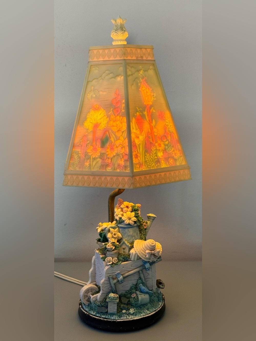 Vintage Plastic/Celluloid Etched Garden Lamp Shade 18" Lamp W/ Bulb Grandma Core
